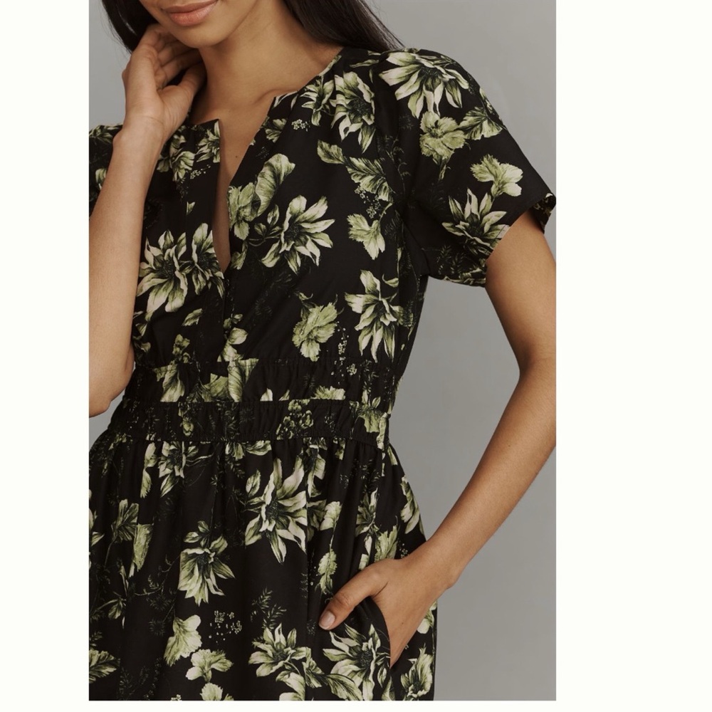 Anthropologie Black Floral Maxi Dress with Green and Cream Print - Picture 3 of 12